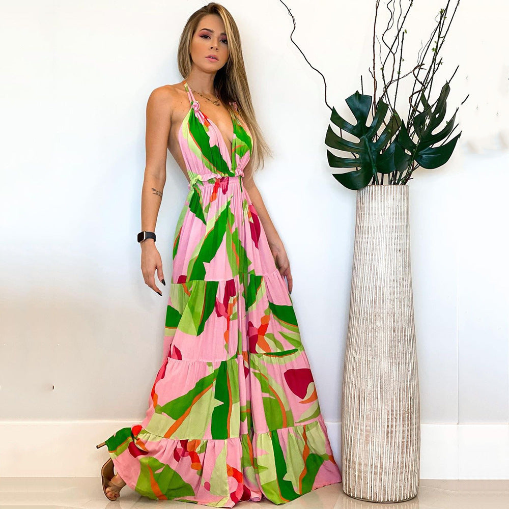 Spring Summer Women Clothing Deep V Plunge neck Backless Dress Bohemian Floral Strap Dress Women by Ragazza