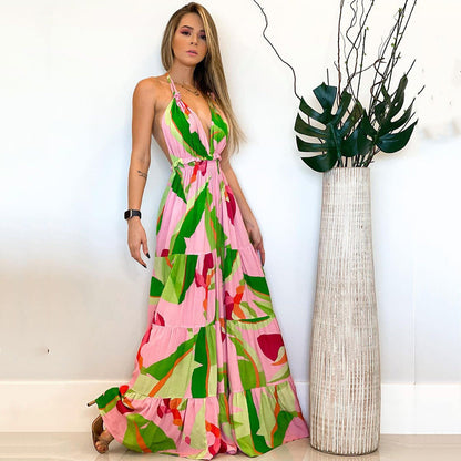 Spring Summer Women Clothing Deep V Plunge neck Backless Dress Bohemian Floral Strap Dress Women by Ragazza