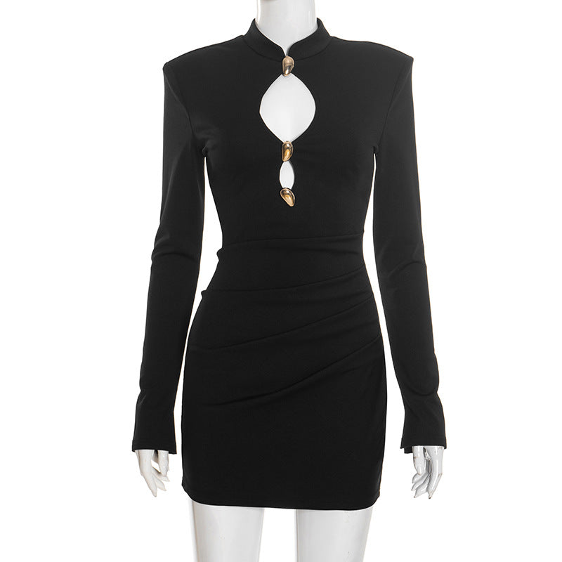 Women Clothing Autumn Winter Solid Color Elegant Slim Gold Trim Long Sleeve round Neck Short Dress by Ragazza