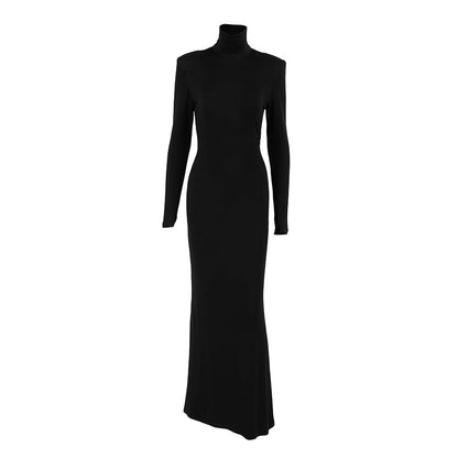 Spring Elegant Black Sexy Backless Knitted Slim Fit Long Sleeved Turtleneck Dress for Women by Ragazza