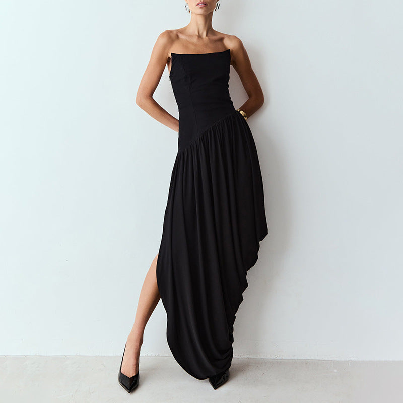 Elegant Sexy Pleating Dress Women Sleeveless Tube Top Design Irregular Asymmetric Dress Solid Color Dress  DestGlow