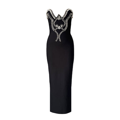 Niche Design Beads Rhinestones Tube Top Bandage One Piece Dress Party Evening Dress Slim Fit Maxi Dress by Ragazza
