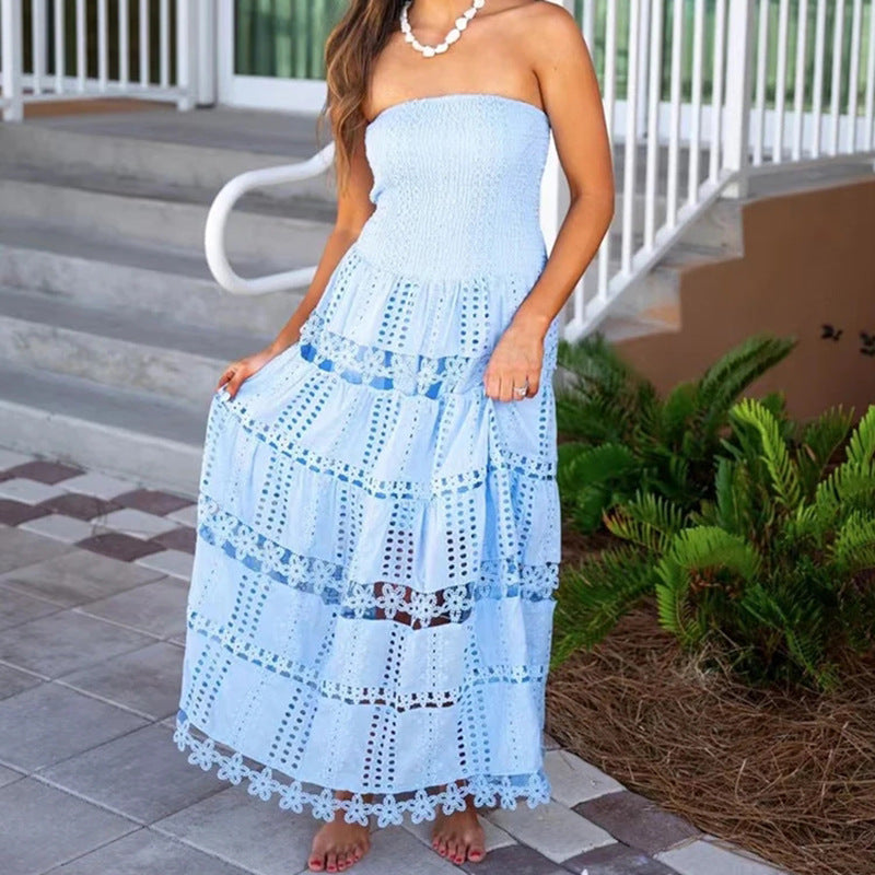 Casual Maxi Dress Spring High Sense Embroidery Hollow Out Cutout out Tube Top Dress Women Clothing by Ragazza
