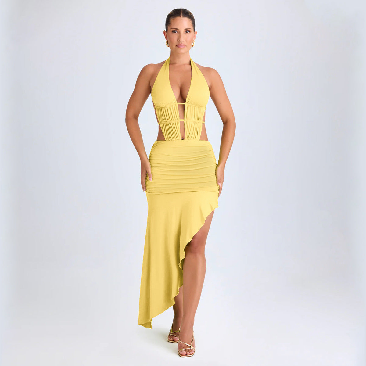 Irregular Asymmetric Women Pleated Tied Dress Autumn Winter Sexy Backless Hollow Out Cutout Hip Dress by Ragazza