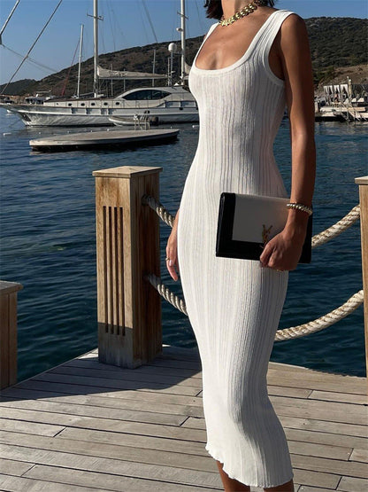 Sunken Stripe Tight Square Collar Dress Sleeveless Tight Fitting Solid Color Summer Sexy Mid Length Knitted Dress  DestGlow