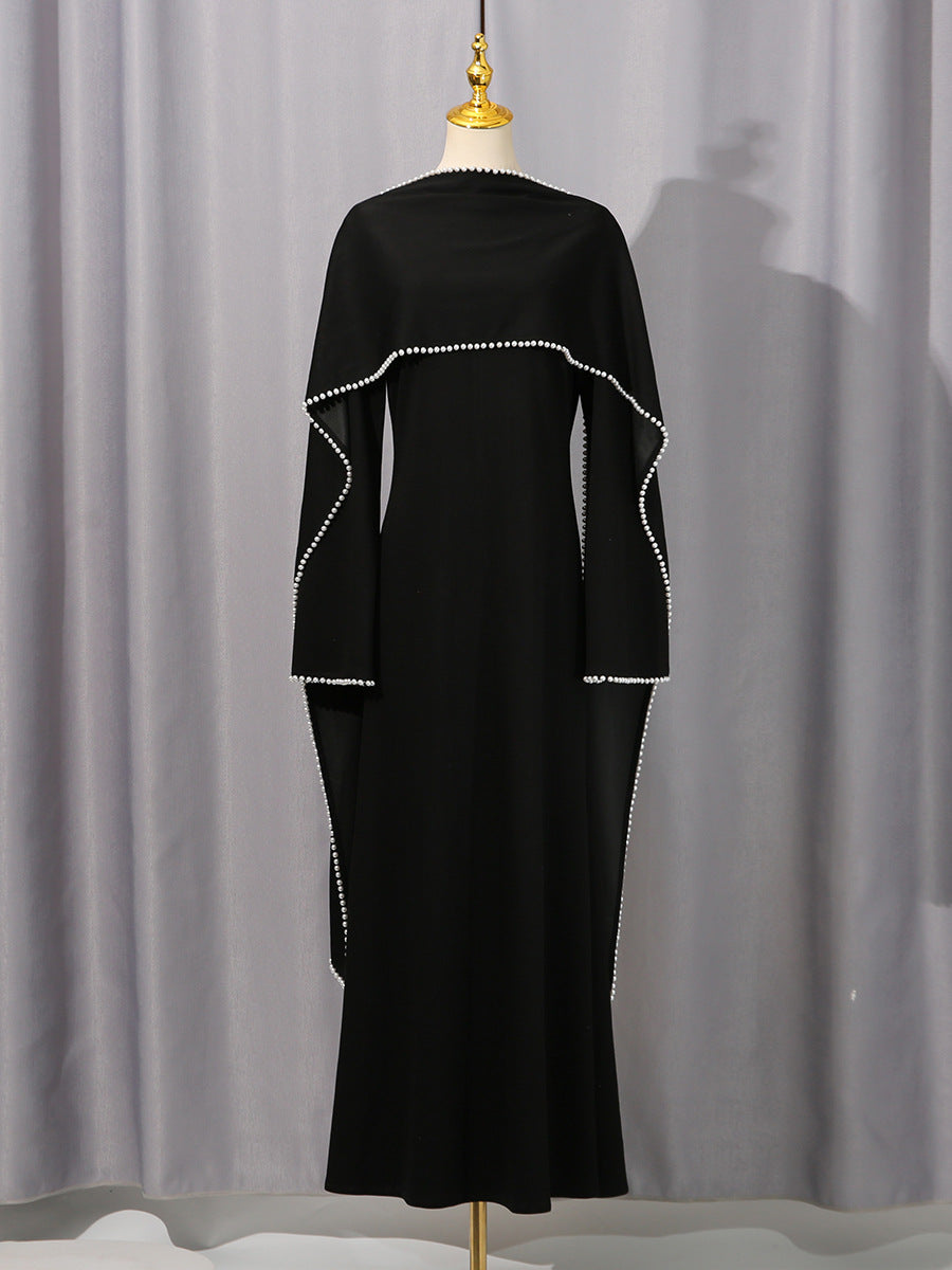 Elegant Solid Color Retro Heavy Industry Beautiful Pearl Shawl High Waist Dress Women by Ragazza