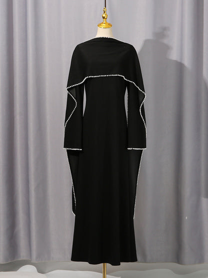 Elegant Solid Color Retro Heavy Industry Beautiful Pearl Shawl High Waist Dress Women by Ragazza