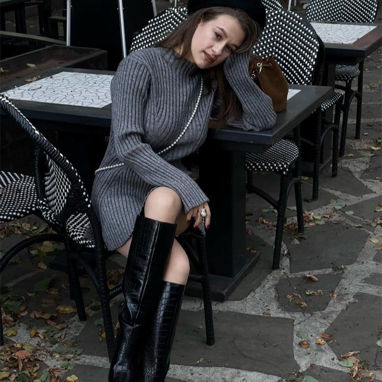 Long Sleeve Skinny Knit Dress Women Half Turtleneck Base Narrow Solid Color Short Temperamental Fall Winter Sweater Dress by Ragazza