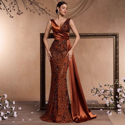 Elegant Sequin Stitching Fit V neck Sleeveless Elegant Gorgeous Noble Cocktail Party Formal Dinner Dress by Ragazza