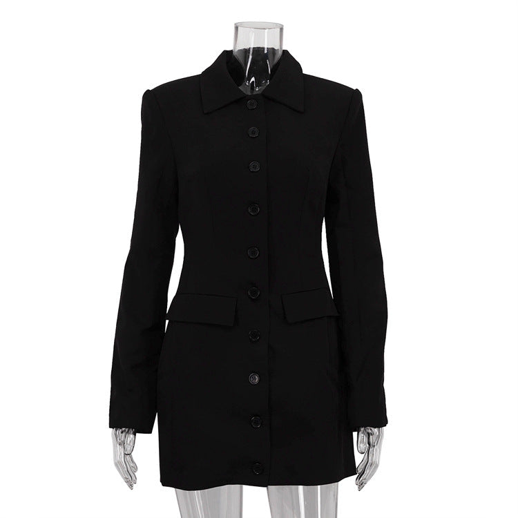 Polo Collar Long-Sleeved Cardigan Skinny Short Sheath Dress Street Black Shirt Dress by Ragazza