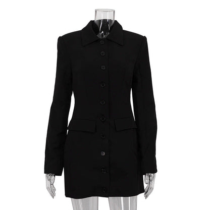 Polo Collar Long-Sleeved Cardigan Skinny Short Sheath Dress Street Black Shirt Dress by Ragazza