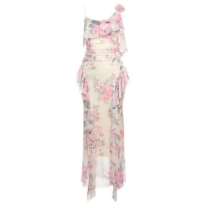 Spring Women Clothing French Sexy Ruffled Floral Decoration Printed Mesh Sling Dress by Ragazza