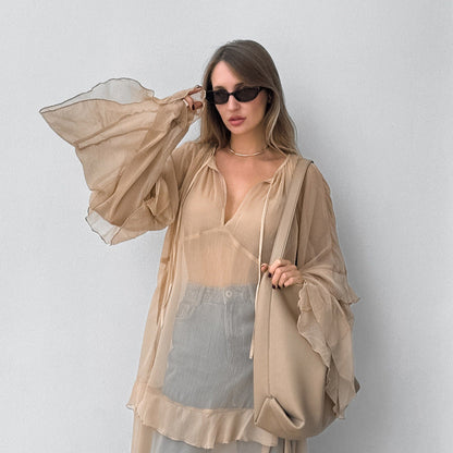 Khaki Autumn Winter Batwing Sleeve Dress Sun Protective Blouse Maxi Dress for Women by Ragazza