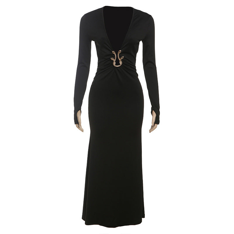 Women Clothing Autumn Solid Color Sexy Deep V Plunge neck Hollow Out Cutout Slim Long Sleeve Dress by Ragazza