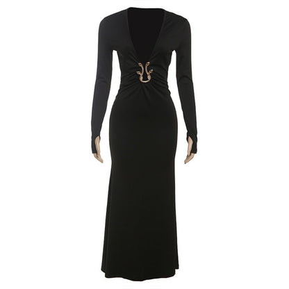 Women Clothing Autumn Solid Color Sexy Deep V Plunge neck Hollow Out Cutout Slim Long Sleeve Dress by Ragazza