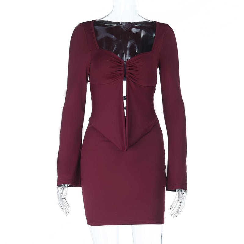 Autumn Winter Pockets Metal Ring Long Sleeve Narrow Dress by Ragazza