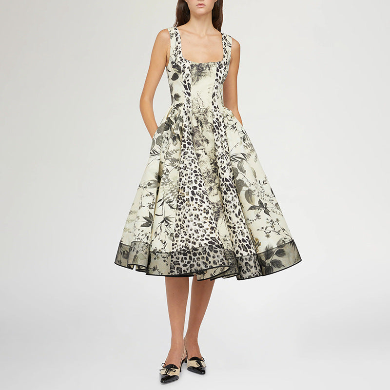 French Sexy Strap Dress Women Square Collar Sleeveless Ink Painting Printed Waist Controlled Slimming Midi Dress  DestGlow