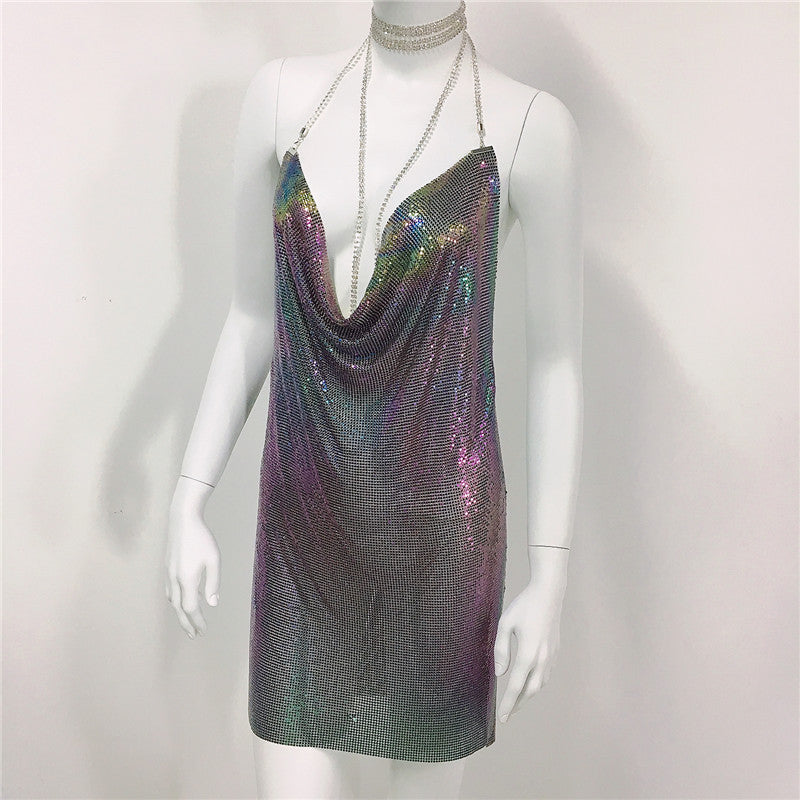 Metallic Coated Fabric Women Clothing Metal Sequ Dress Sexy Sweet Spicy Dress Rhinestone Cami Dress Women by Ragazza