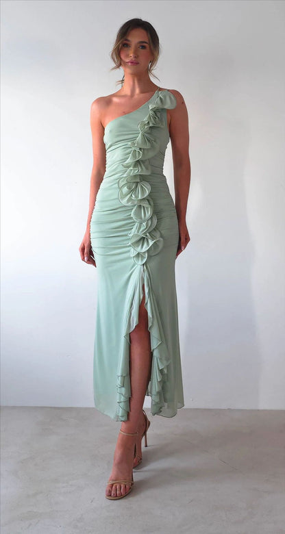Summer Slant Shoulder Sexy Pleated High Slit Slim Fit Dress by Ragazza