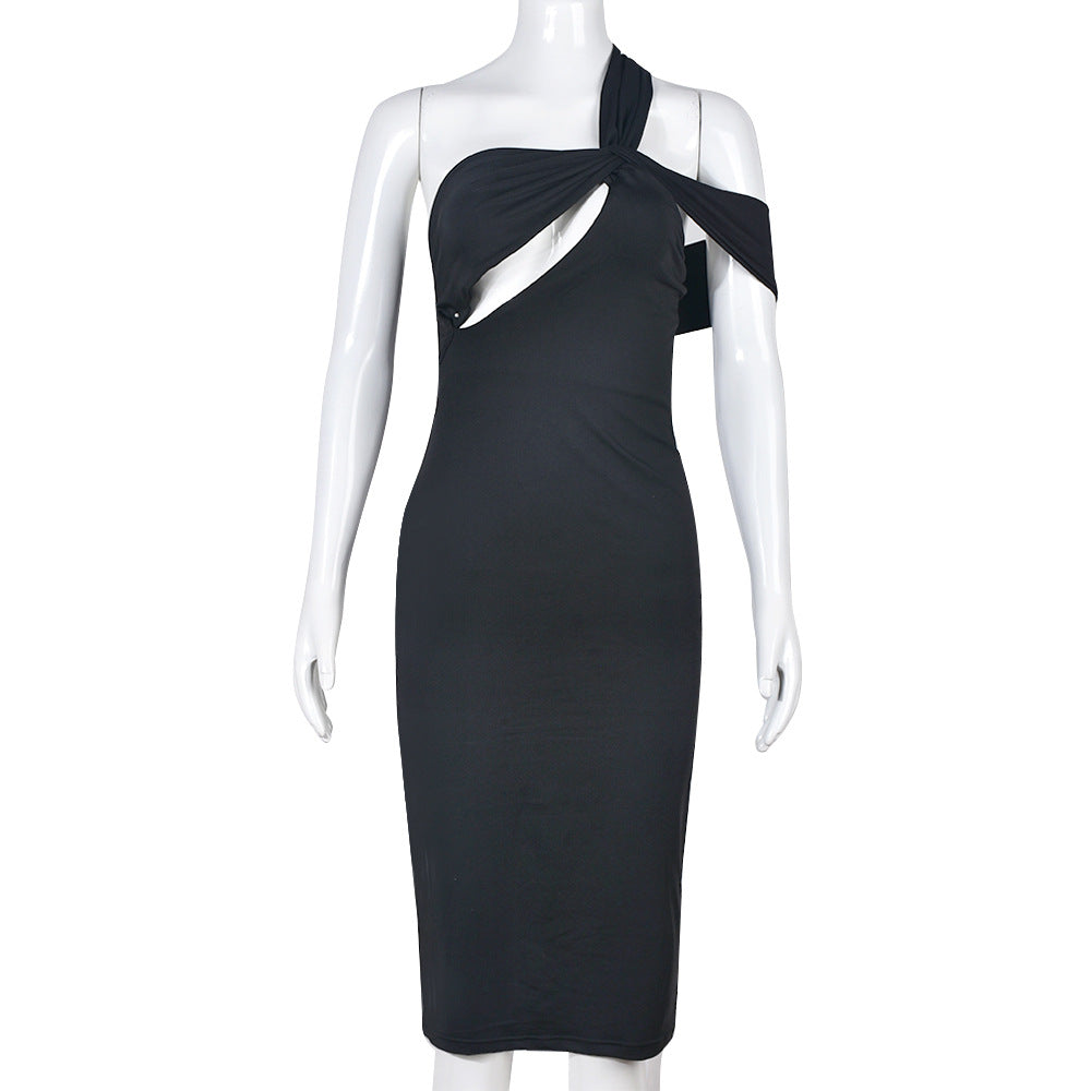 Spring Summer Sheath Dress Solid Color Sexy Cutout Diagonal Collar Elegant Dress by Ragazza