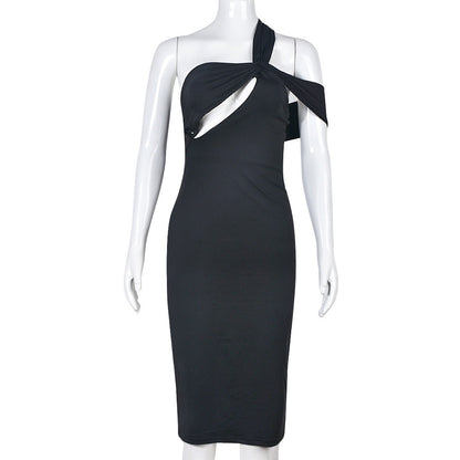 Spring Summer Sheath Dress Solid Color Sexy Cutout Diagonal Collar Elegant Dress by Ragazza