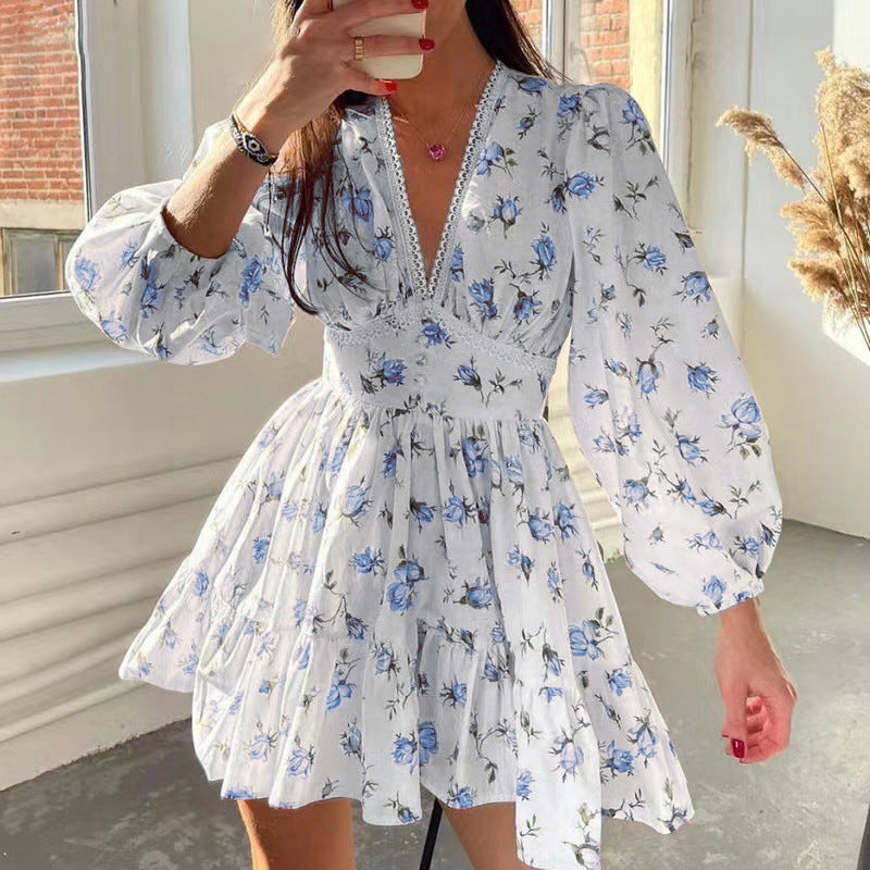 Spring Women Clothing Sweet Elegance Printed V neck Lace Waist Trimming Short Dress by Ragazza