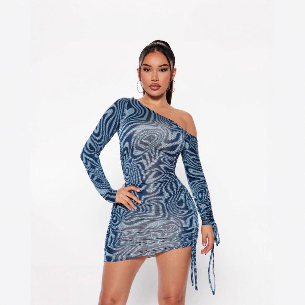 Arrival Women Clothing Floral Print Drawstring Ruffle Lace up Drawstring Long Sleeve Slant Shoulder Tight Dress by Ragazza