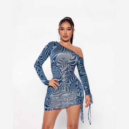 Arrival Women Clothing Floral Print Drawstring Ruffle Lace up Drawstring Long Sleeve Slant Shoulder Tight Dress by Ragazza