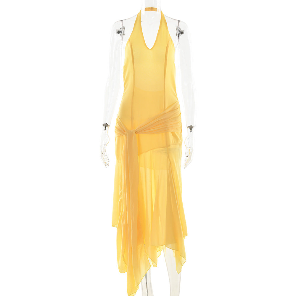 Summer Halter Chiffon See through Dress Sexy Deep V Plunge Ribbon Dress by Ragazza