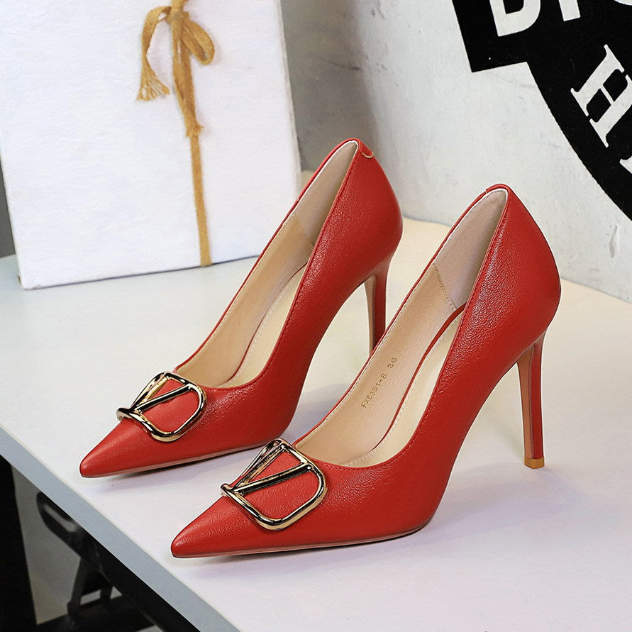 Metal V Buckle Pointed Toe Sexy Super High Heel Stiletto Heel Slip on Pana Pattern Pumps Women  DestGlow