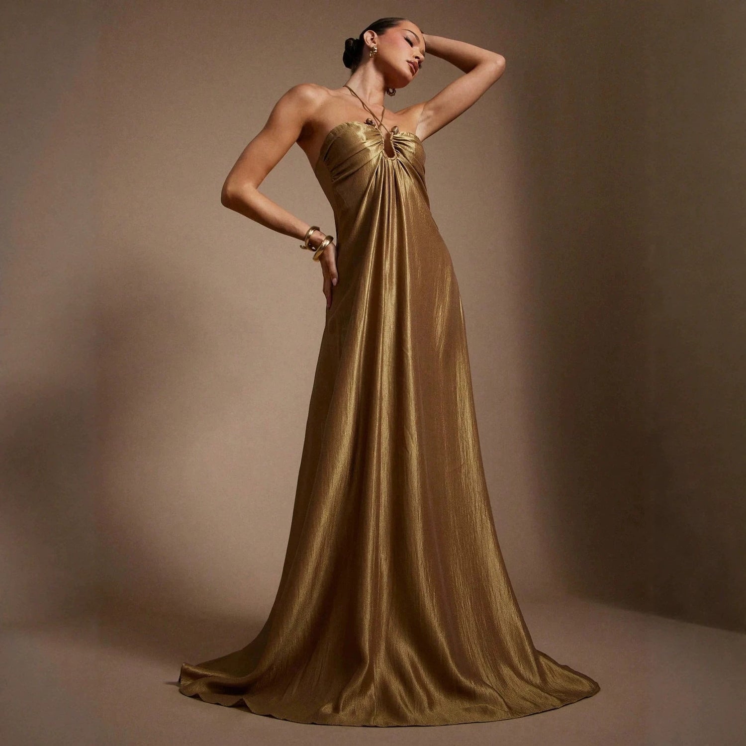 Summer Halter Sleeveless Backless Slim Fit Figure Flattering Waist Solid Color Maxi Dress  DestGlow