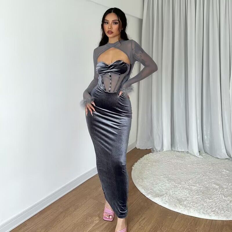 Fall Women Clothing Plush Mesh Stitching Night Club Hollow Out Cutout Dress Slim Fit Dress by Ragazza