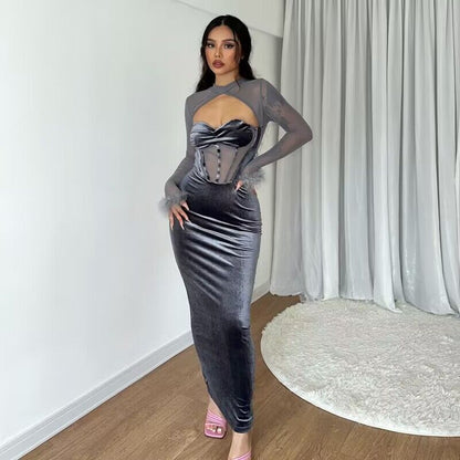 Fall Women Clothing Plush Mesh Stitching Night Club Hollow Out Cutout Dress Slim Fit Dress by Ragazza
