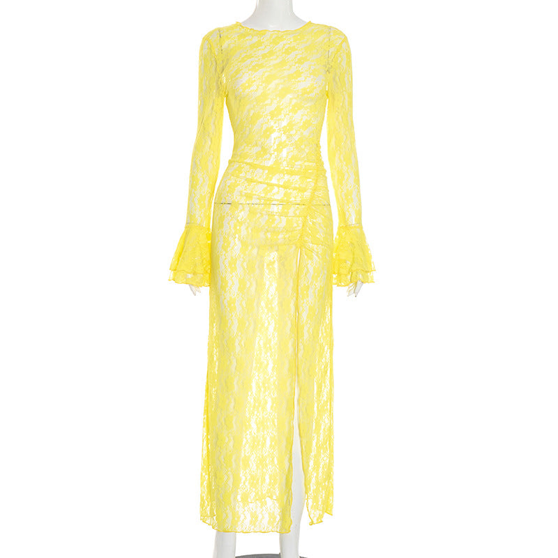 Women Clothing Autumn Sexy Lace Flared Sleeve Slit Dress by Ragazza
