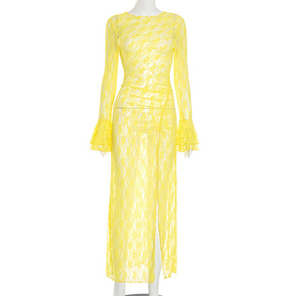Women Clothing Autumn Sexy Lace Flared Sleeve Slit Dress by Ragazza