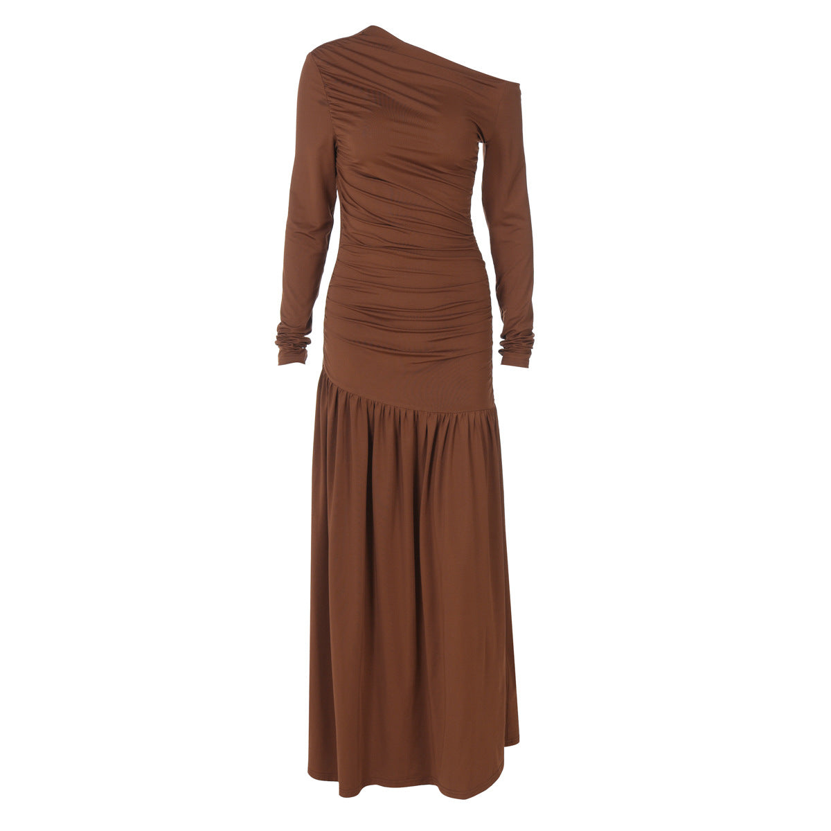 Women Clothing Autumn Solid Color One Shoulder Cold Shoulder Long Sleeve Stitching Dress by Ragazza