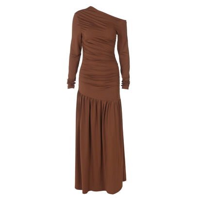 Women Clothing Autumn Solid Color One Shoulder Cold Shoulder Long Sleeve Stitching Dress by Ragazza