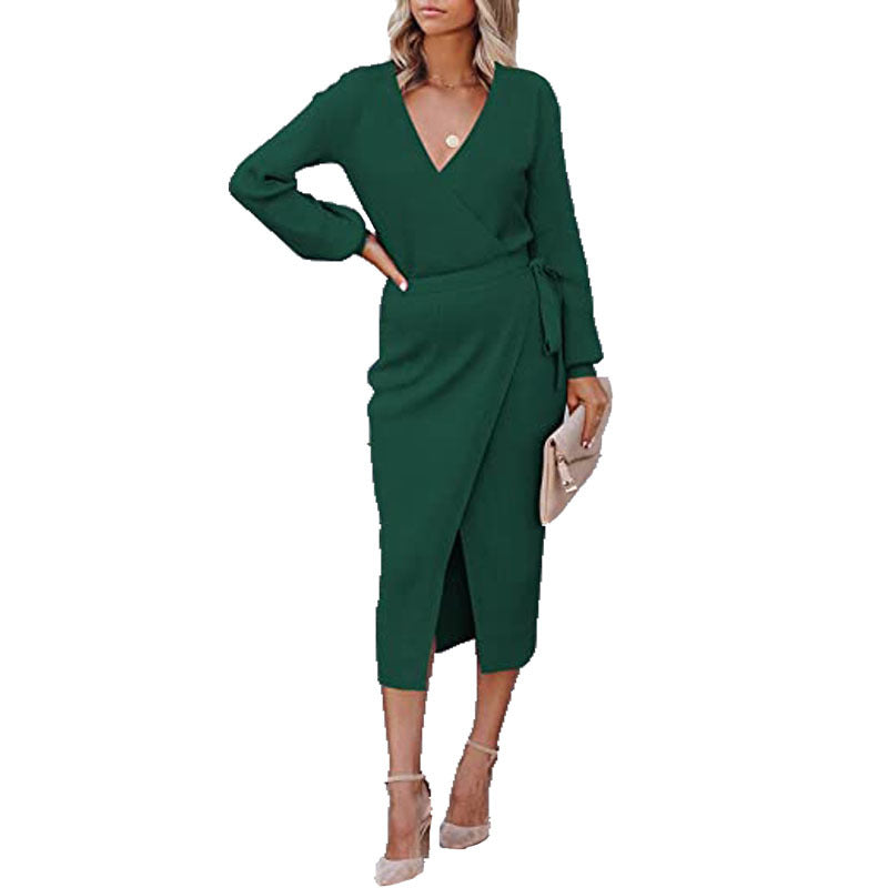 Autumn Winter Women Clothing Maxi Dress Elegant Graceful V-neck Knitted Dress  DestGlow