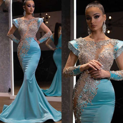 Daily Light Blue Fishtail Banquet Long Alluvial Gold Series Slimming Annual Party Evening Dress Women by Ragazza
