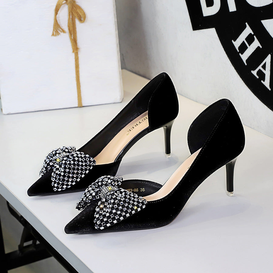 Super Large Rhinestone Bow Pointed Slip on Side Hollow Out Cutout Suede Pumps Women  DestGlow