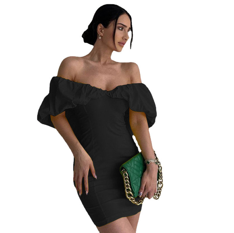 Spring Casual Vacation Tight Waist Slimming Sense Design Pleated Off Shoulder Hip Bag Dress by Ragazza