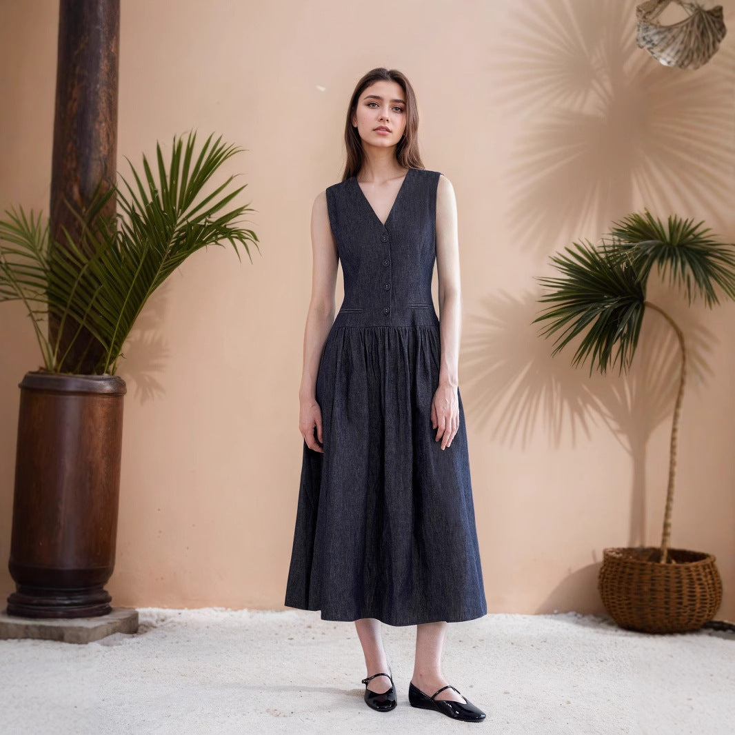 Summer Design V neck Pocket Midi Dress Simple Graceful Casual Loose Sleeveless Dress by Ragazza