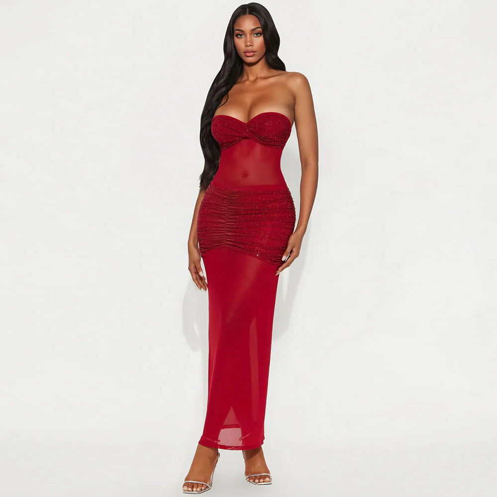 Tube Top Milk Silk Stitching Mesh Drilling Party Hip Wrapped Long Dress by Ragazza