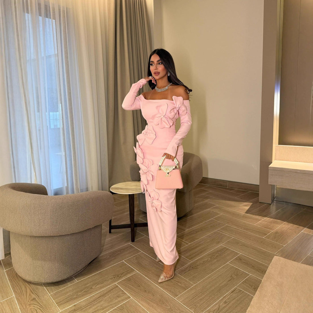 Spring Summer Middle East Elegant Sexy Sheath Three Dimensional Floral off Shoulder Long Sleeve Dress by Ragazza