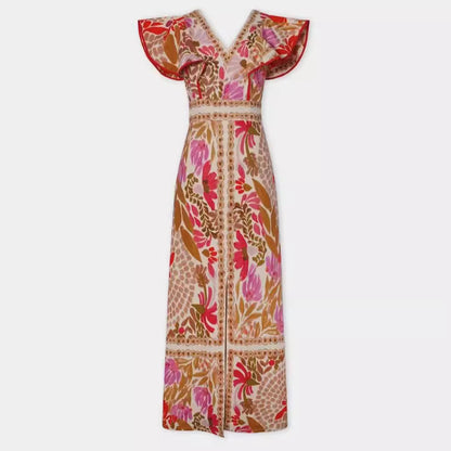 V neck Flounce Slit Positioning Floral Backless Dress by Ragazza