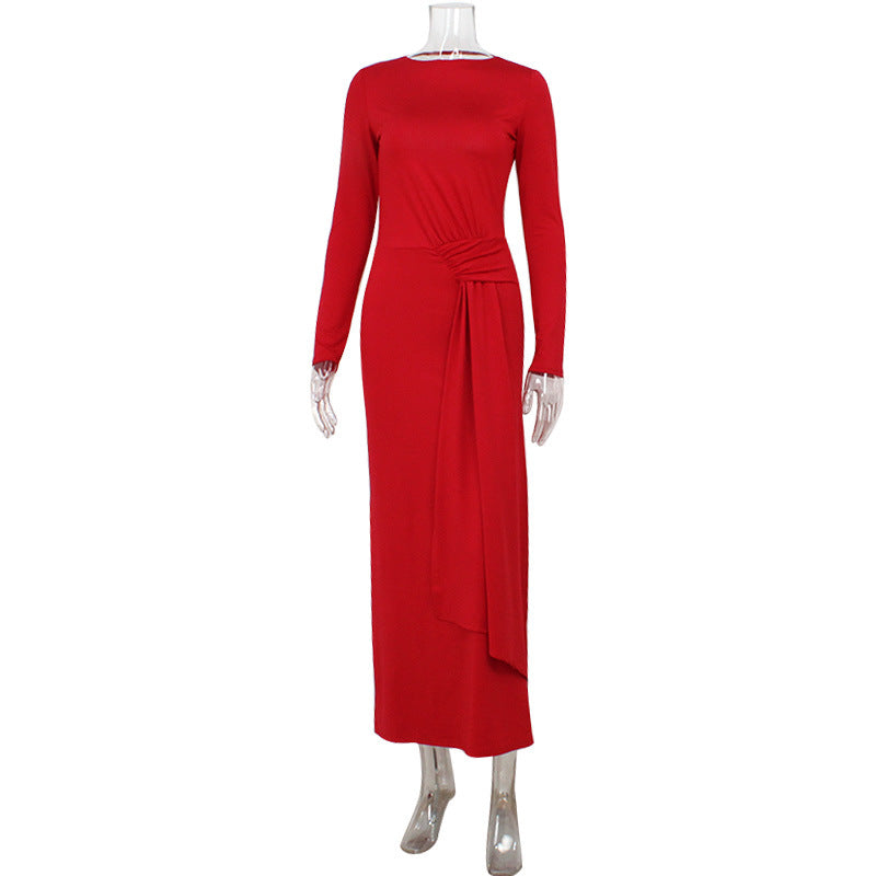 Round Neck Long Sleeve Bare Back Waist Controlled Lace up Elegant Slim Red Carpet Dress by Ragazza