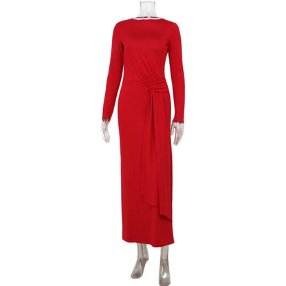 Round Neck Long Sleeve Bare Back Waist Controlled Lace up Elegant Slim Red Carpet Dress by Ragazza