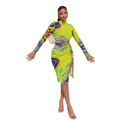 Women Clothing Sexy Mid Waist Printed Milk Silk Midi Dress by Ragazza