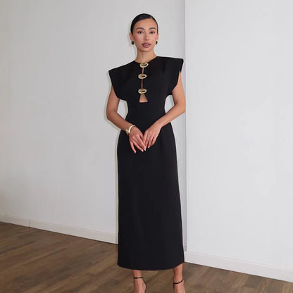Summer Women Clothing Black Design Tight Waist Hollow Out Cutout Commuting Elegant Dress by Ragazza