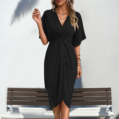 Women Clothing Raglan Sleeve Solid Color Irregular Asymmetric Dress by Ragazza